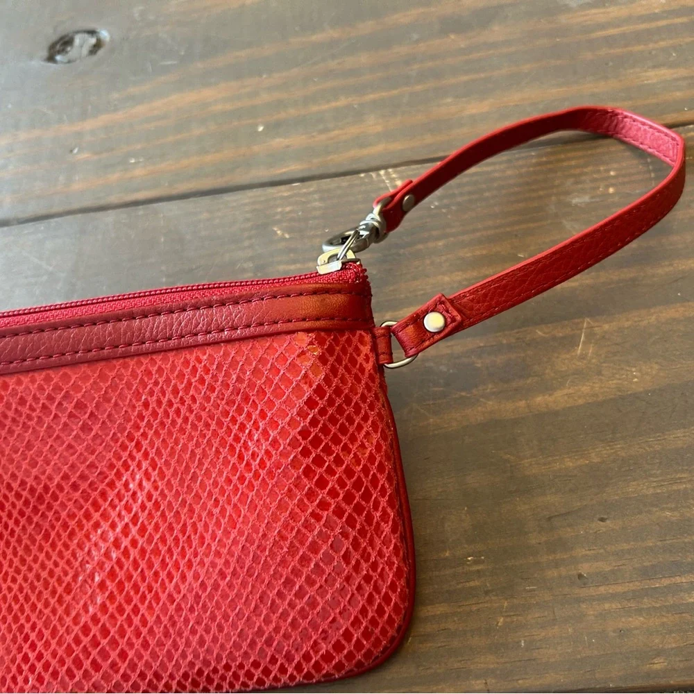 Fossil Red Suede Snakeskin‎ Wristlet Purse Wallet Zip Around Credit Card